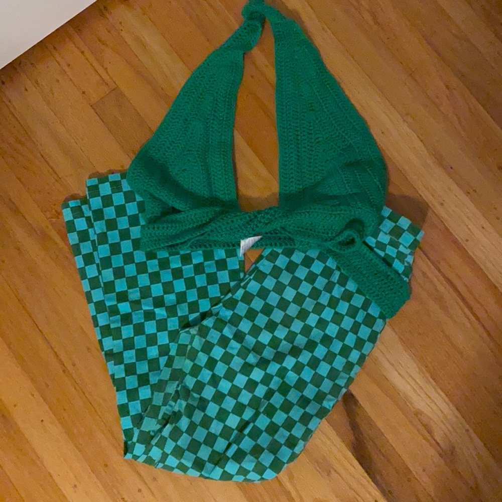 Beginning Boutique Set, crochet top and checkered pants